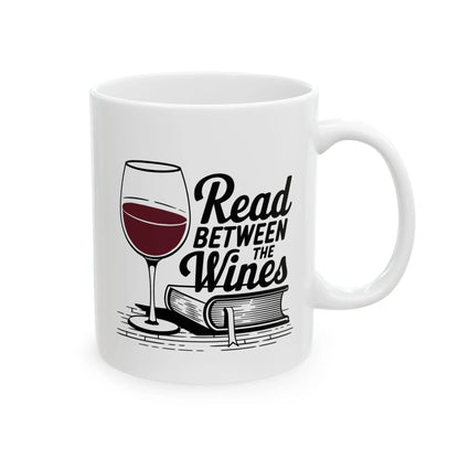Read Between the Wines Mug featuring a wine glass and a book illustration, perfect for cozy reading nights.