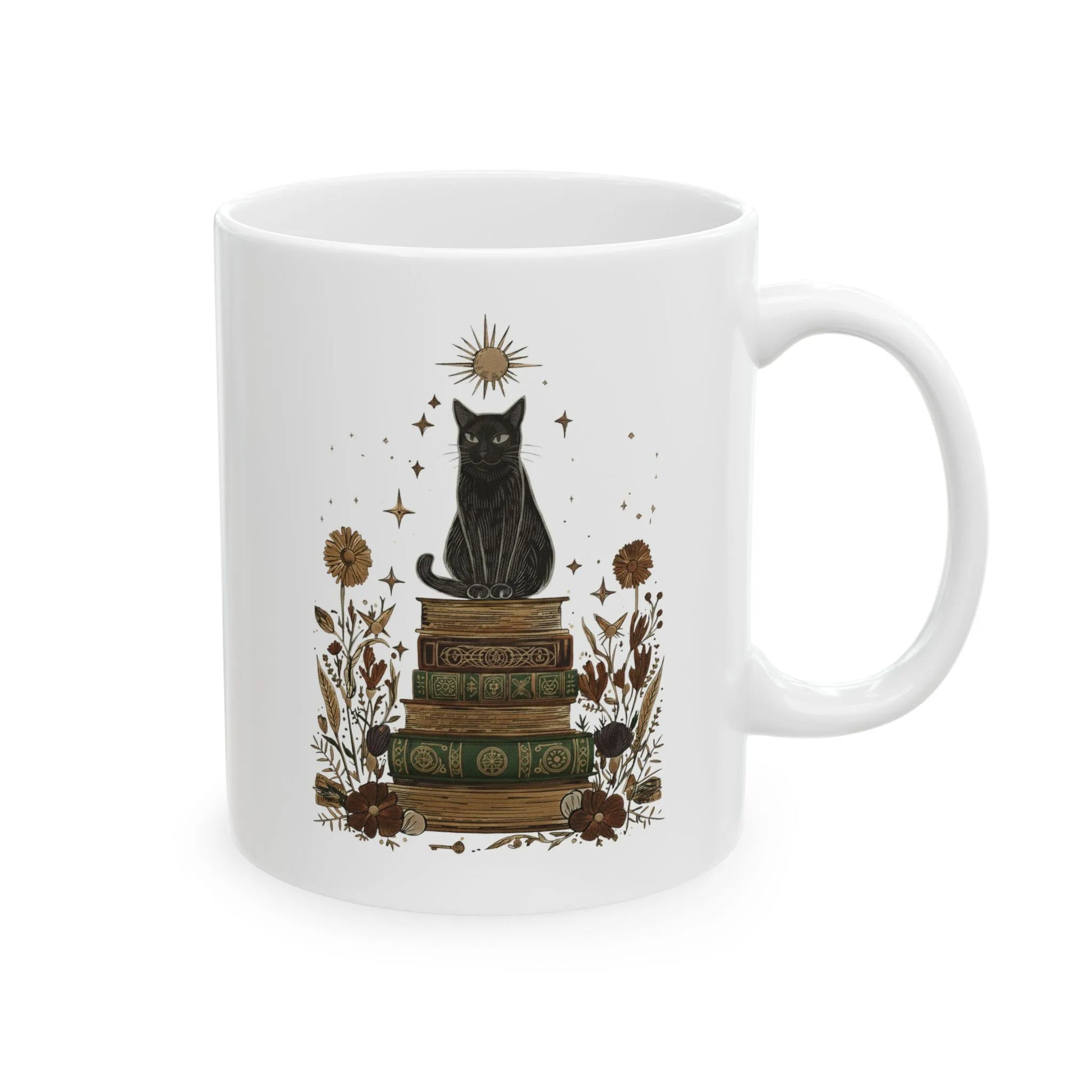 Mystic Cat & Books Mug featuring a black cat atop vintage books with golden celestial details, perfect for cozy reading moments.