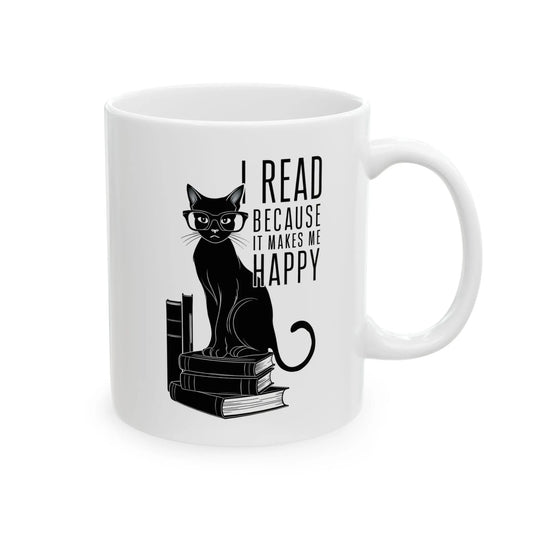 Happy Reading Kitty Mug features a stylish black cat on books with text: 'I READ BECAUSE IT MAKES ME HAPPY', perfect for cozy reading moments.