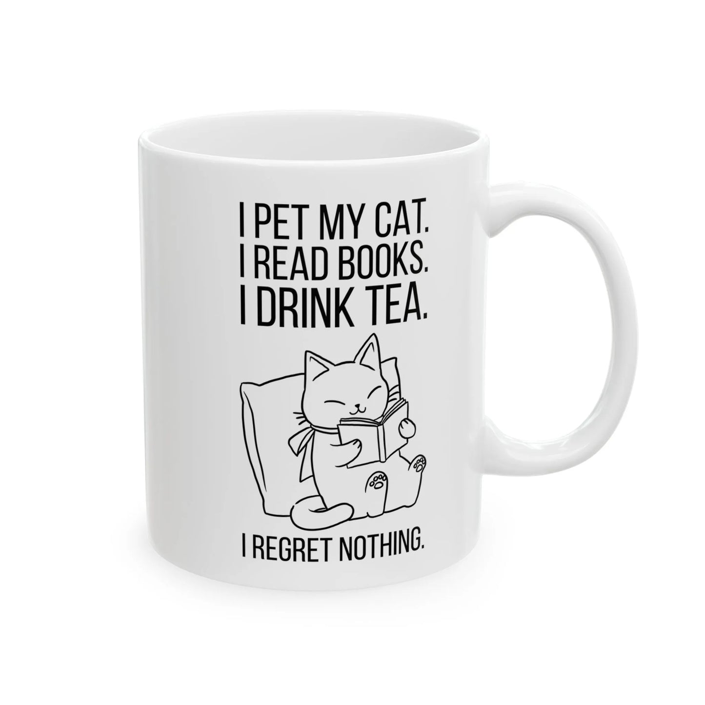 Purrfect Tea & Tales Mug featuring a cozy kitty with text: 'I pet my cat. I read books. I drink tea. I regret nothing.'