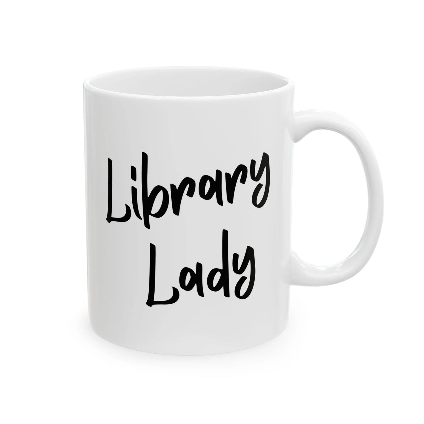 Library Lady Mug with bold handwritten text, perfect for coffee lovers and bookworms who cherish their library roots.