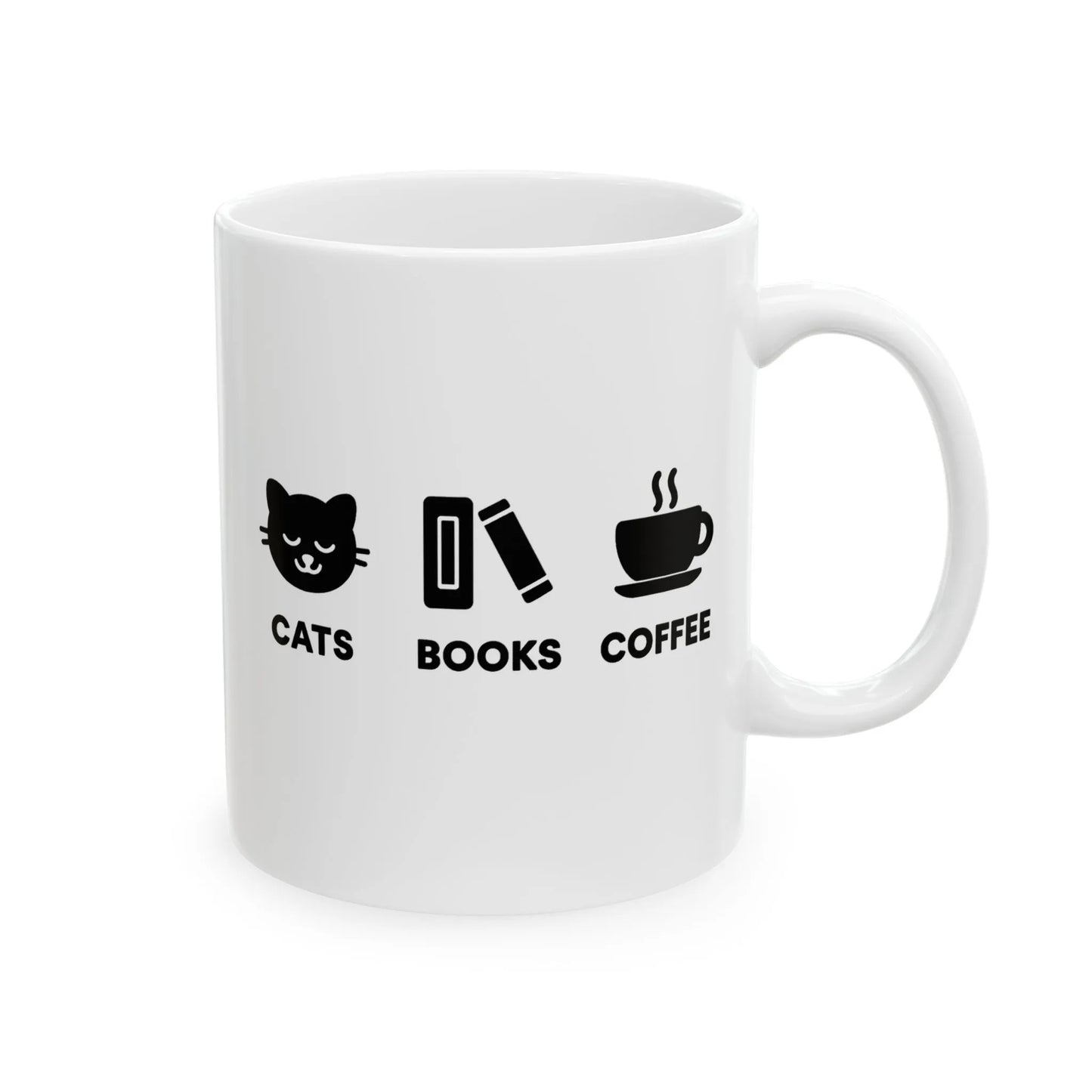 Holy Trinity Mug featuring cute icons: a cat, a book, and a coffee cup. Perfect for book lovers and cat enthusiasts.