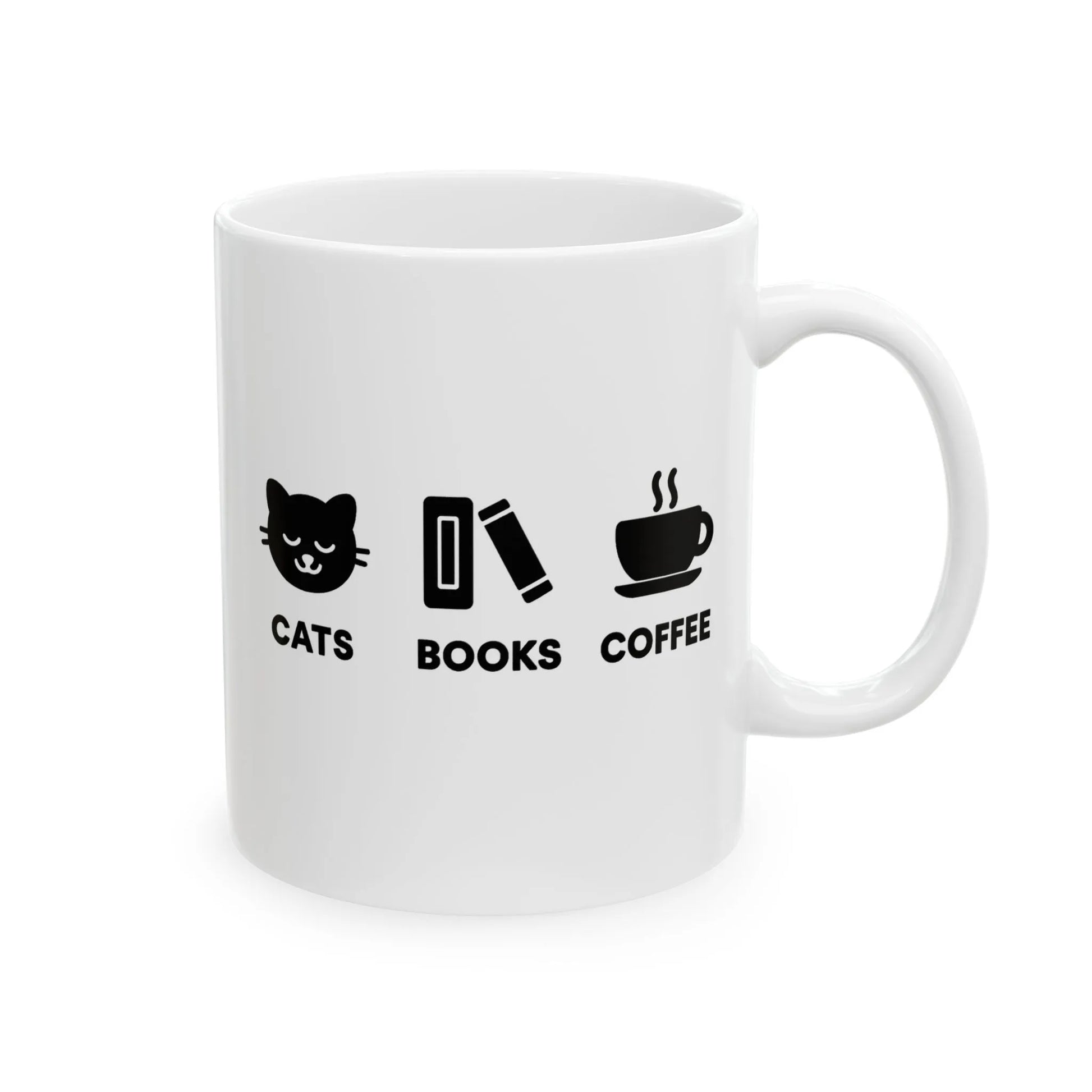 Holy Trinity Mug featuring cute icons: a cat, a book, and a coffee cup. Perfect for book lovers and cat enthusiasts.