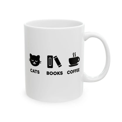 Holy Trinity Mug featuring cute icons: a cat, a book, and a coffee cup. Perfect for book lovers and cat enthusiasts.