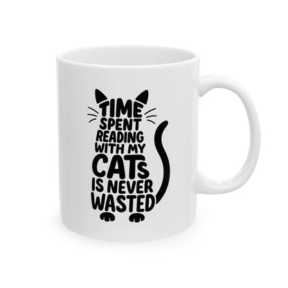 Never Wasted with Cats Mug features a playful quote about reading with cats, perfect for coffee-loving book lovers.