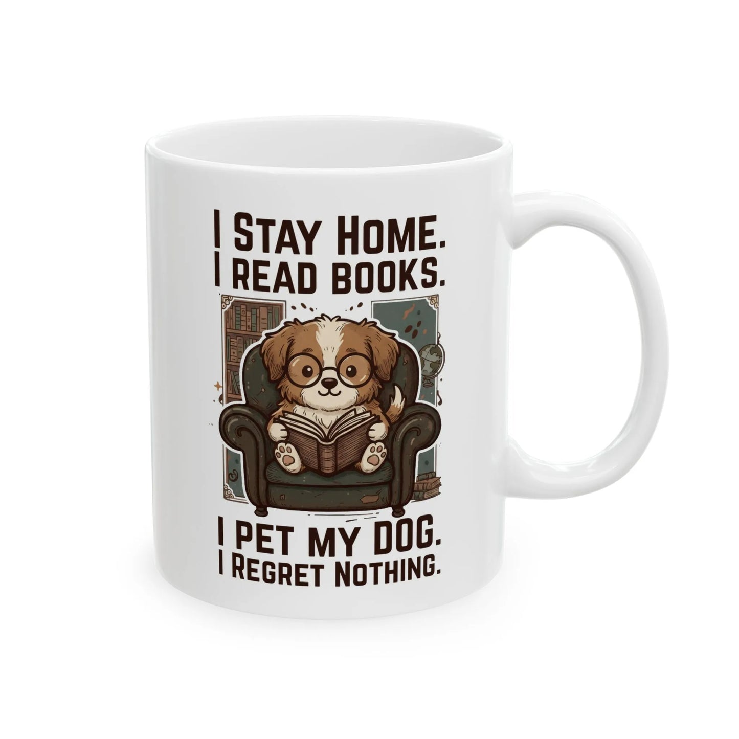 Library Dog Reader Mug featuring a cute dog reading a book, perfect for cozy reading moments and dog lovers.