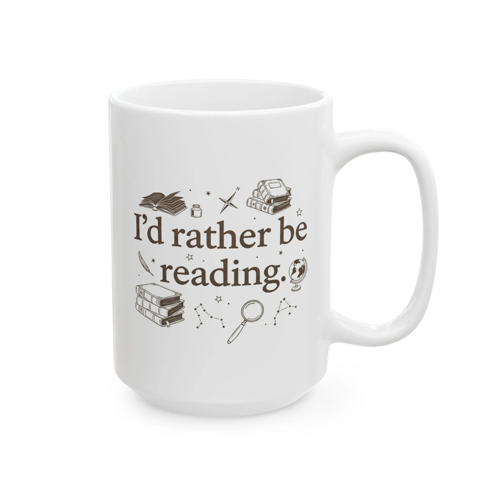 Rather Be Reading 2 Mug featuring playful illustrations of books, stars, and text perfect for cozy reading moments.
