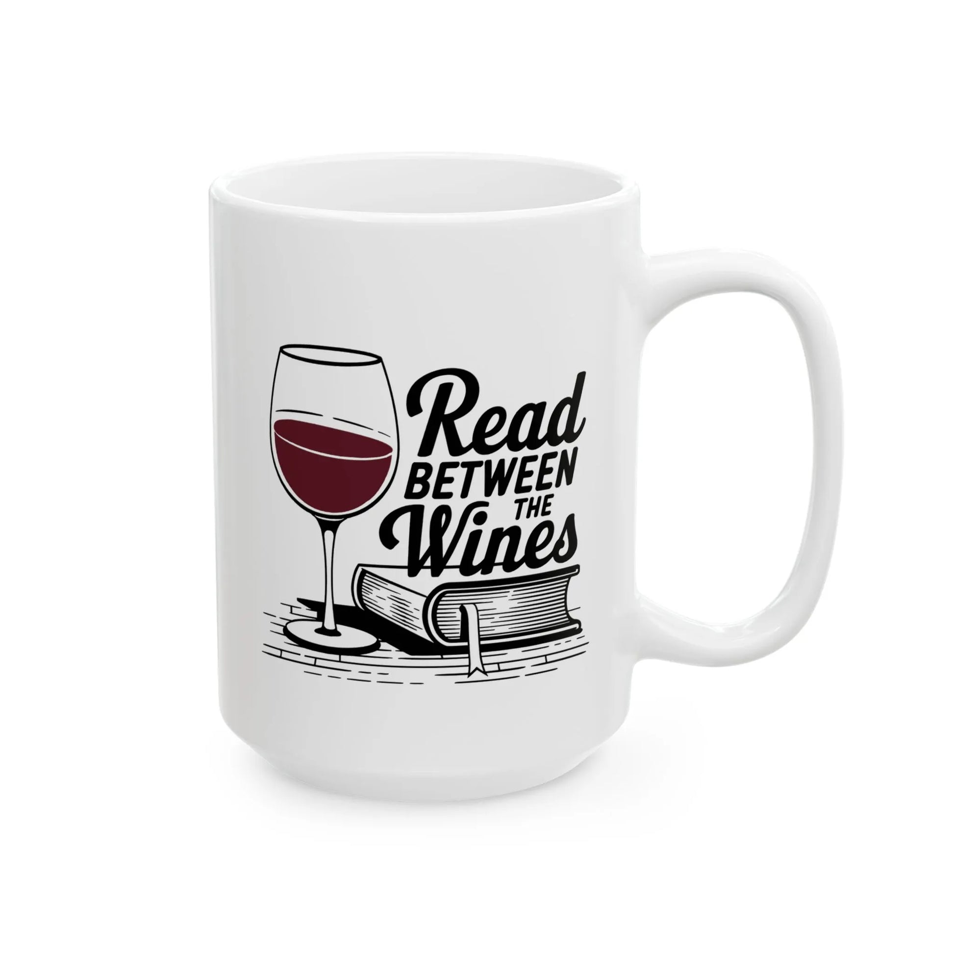 Read Between the Wines Mug featuring a wine glass and book illustration, perfect for cozy reading nights and book lovers.