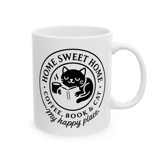 Cozy Cat Haven Mug featuring a playful kitty reading, text: 'Home Sweet Home, Coffee, Book & Cat'. Perfect for book lovers!