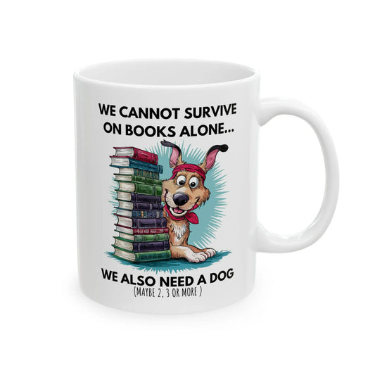Books & Dogs, Perfect Combo Mug featuring a humorous dog with a stack of books, ideal for book lovers.