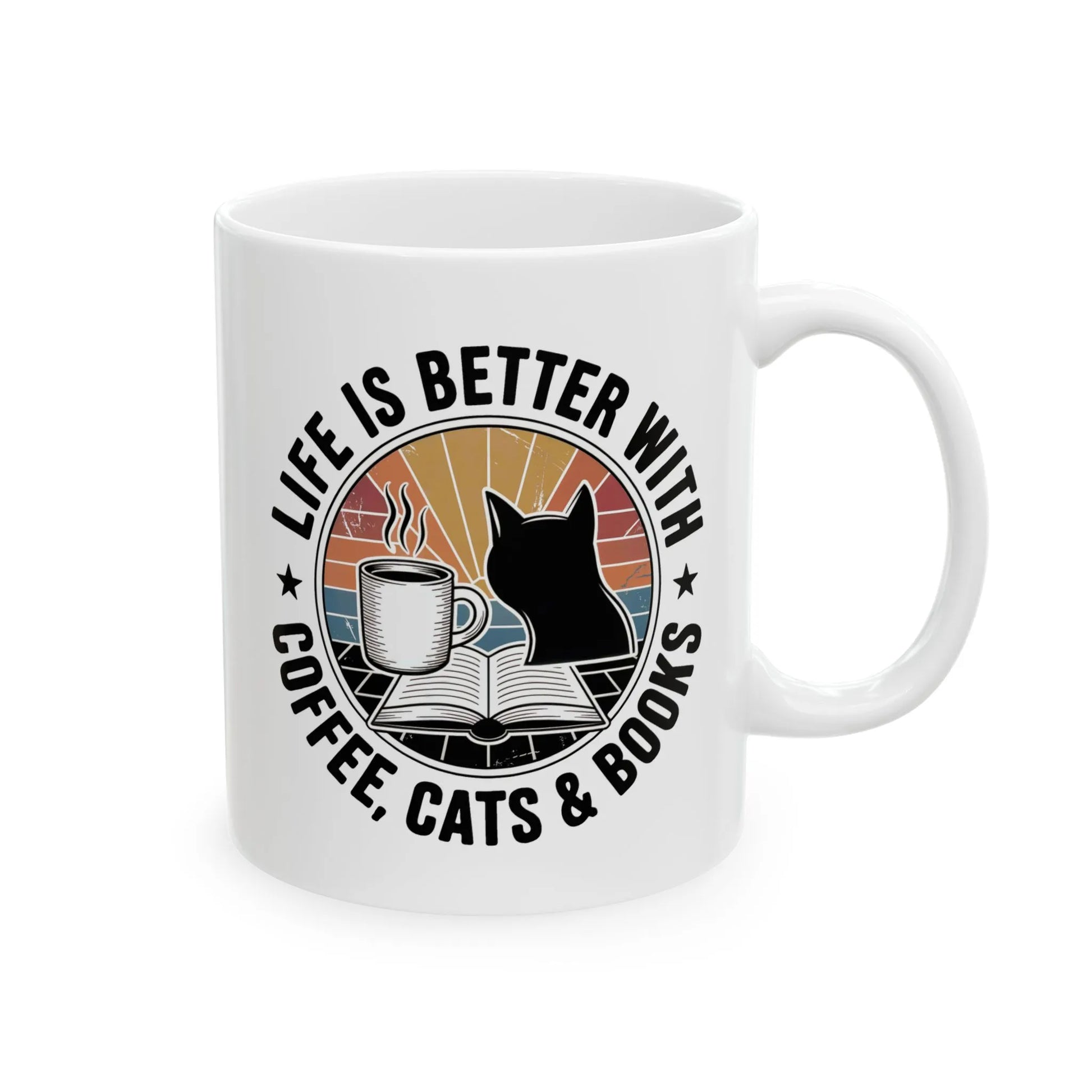 Sunset Reads & Whiskers Mug featuring a cozy design with coffee, cat silhouette, and book, perfect for book lovers.