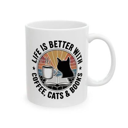 Sunset Reads & Whiskers Mug featuring a cozy design with coffee, cat silhouette, and book, perfect for book lovers.