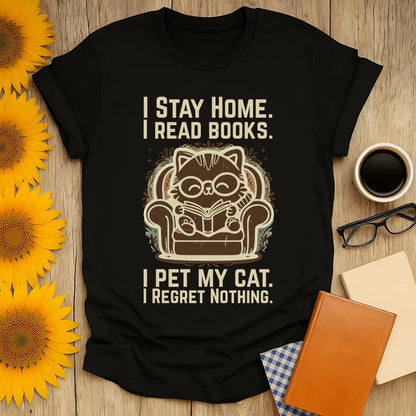 Ornament Cat Reader T-Shirt features a cute cat in glasses reading on a chair with the text: I Stay Home, I Read Books, I Pet My Cat, I Regret Nothing.