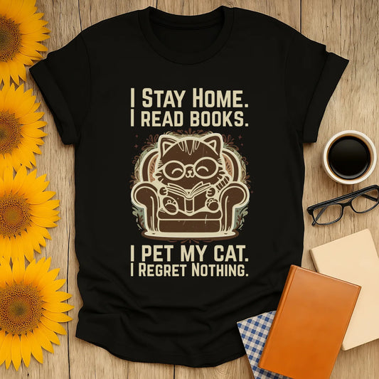 Ornament Cat Reader T-Shirt features a cute cat in glasses reading on a chair with the text: I Stay Home, I Read Books, I Pet My Cat, I Regret Nothing.