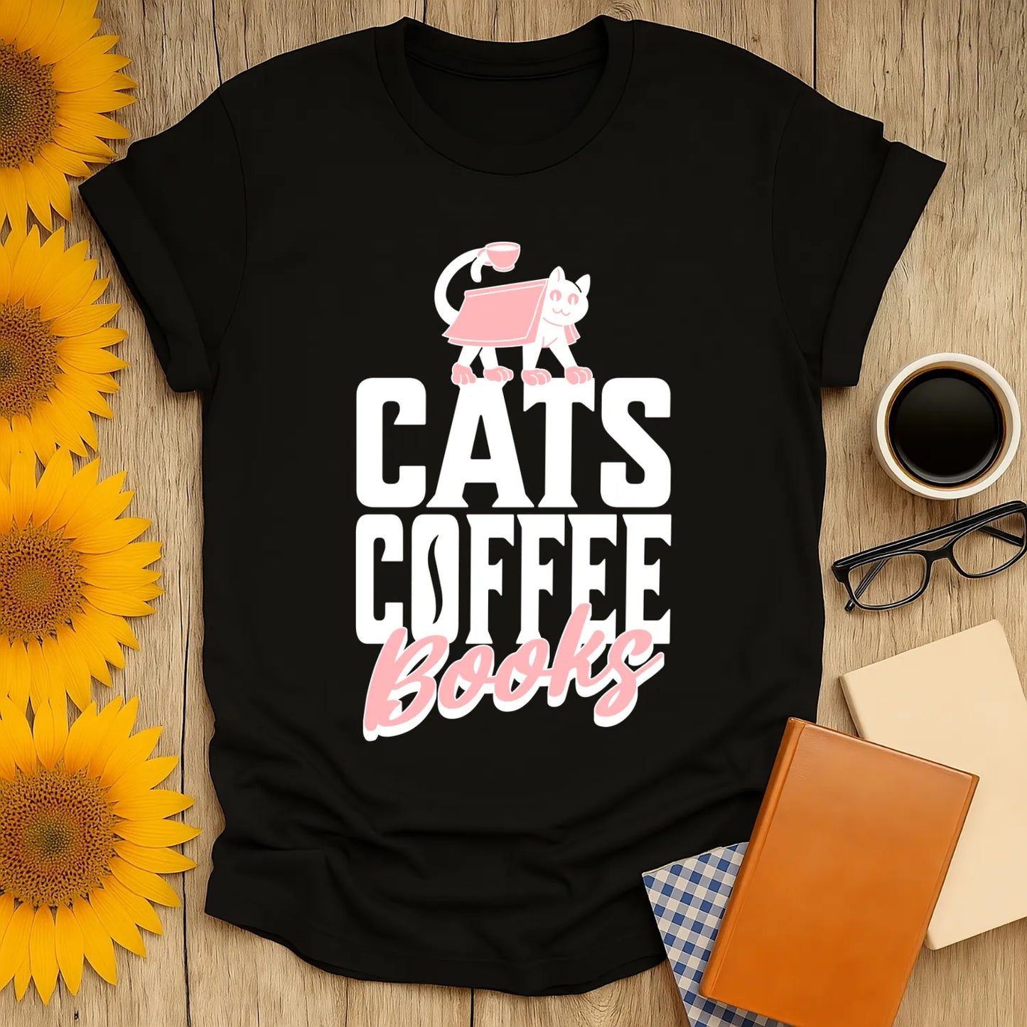 Cats. Coffee. Books. T-Shirt featuring a playful pink cat illustration and bold lettering, perfect for book lovers and gifts for readers.