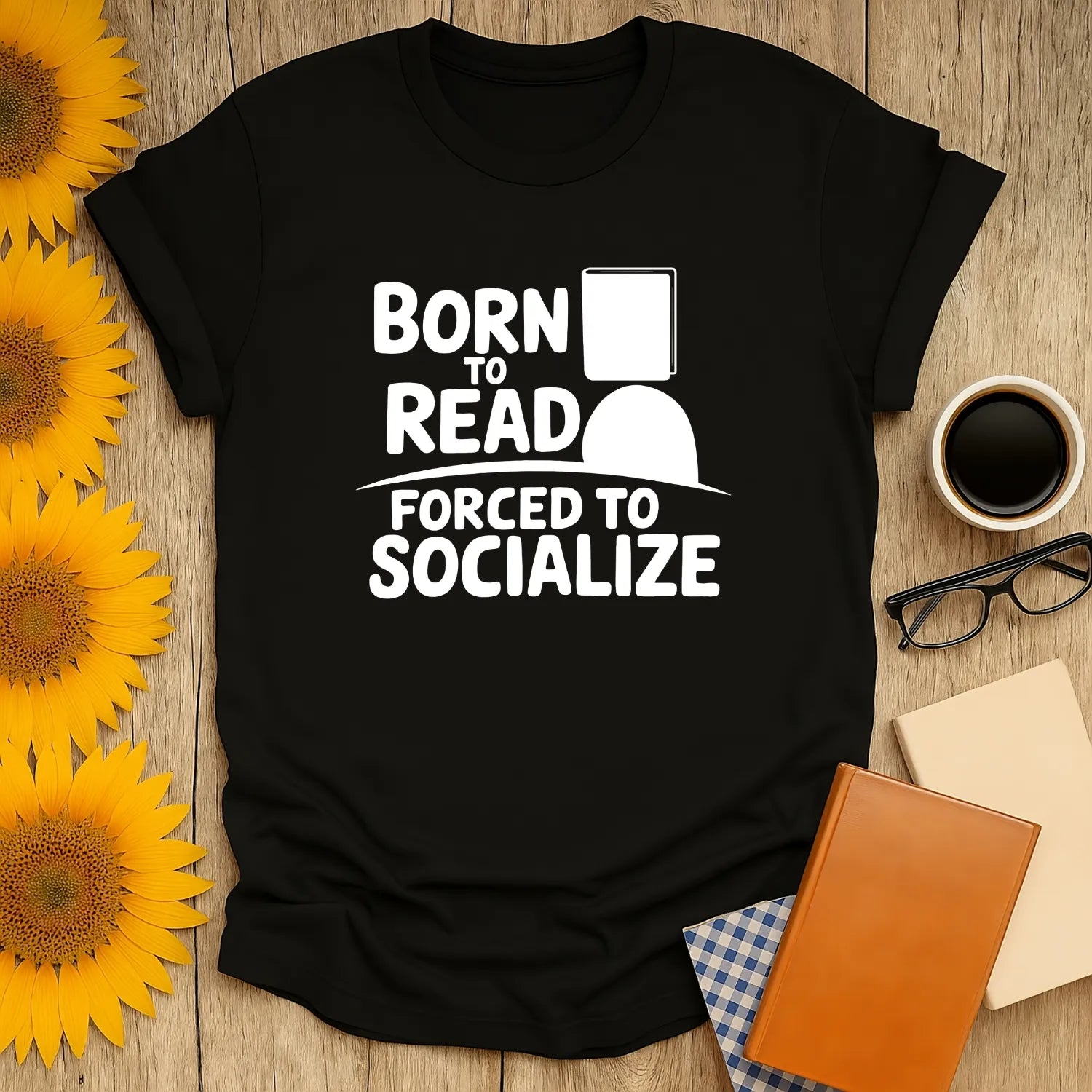 Black Born to Read t-shirt with playful text, perfect gift for book lovers, cat coffee tea fans, cozy reading humor.