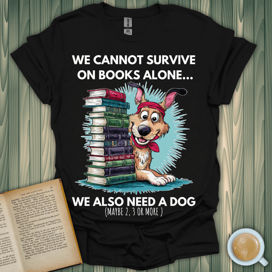 Stylish black t-shirt featuring a dog and books, perfect for book lovers who adore their furry friends.