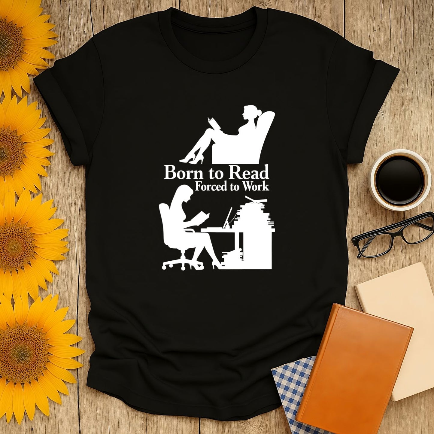Black t-shirt with 'Born to Read, Forced to Work' graphic, perfect for book lovers.