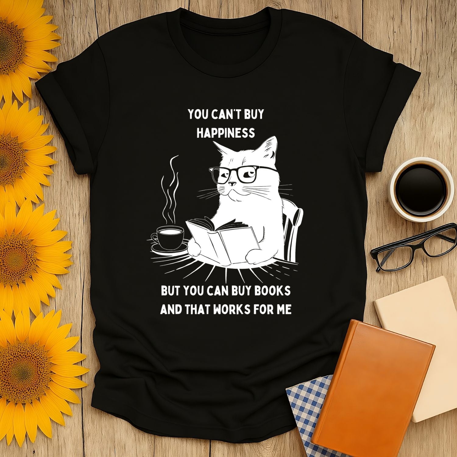 Bookish Happiness T-Shirt featuring a cat in glasses reading with coffee, perfect for book lovers and cozy style.
