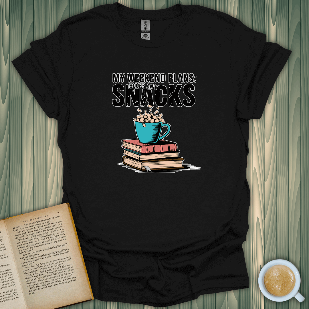 Black Weekend Vibes T-Shirt featuring fun design with books, snacks, and a coffee mug, perfect for book lovers!