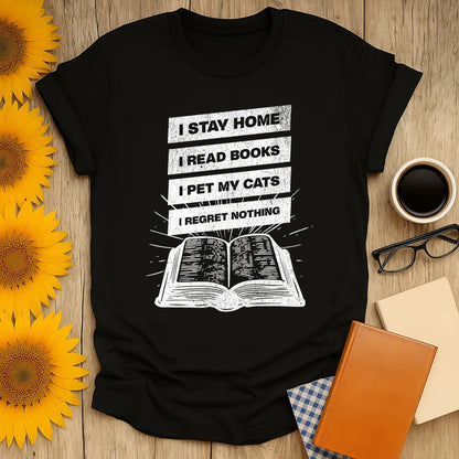 Stay Home Reader T-Shirt featuring a vintage-style text on a cozy black tee: 'I STAY HOME, I READ BOOKS, I PET MY CATS, I REGRET NOTHING.' Perfect for book lovers.