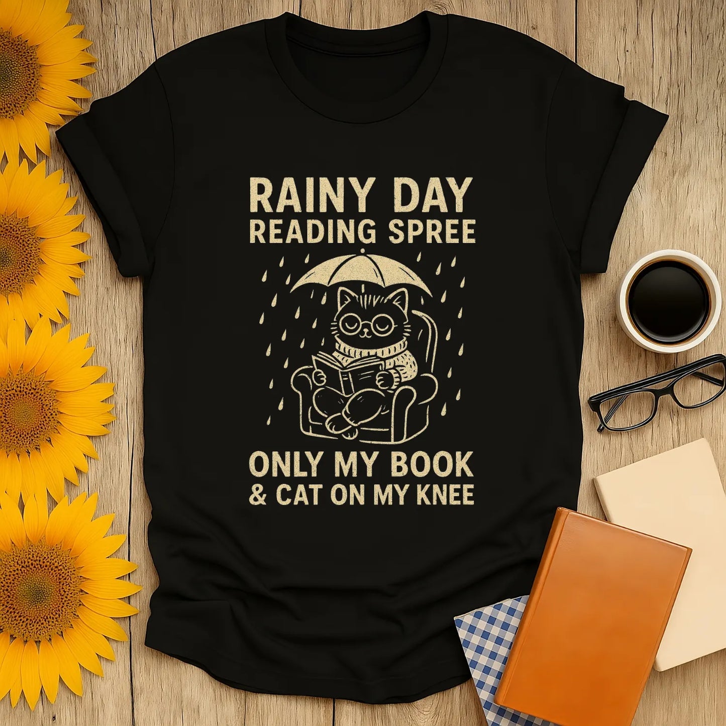 Cozy shirt with a cat under an umbrella, reading. Text: 'Rainy Day Reading Spree. Only my book & cat on my knee.' Perfect for book lovers!