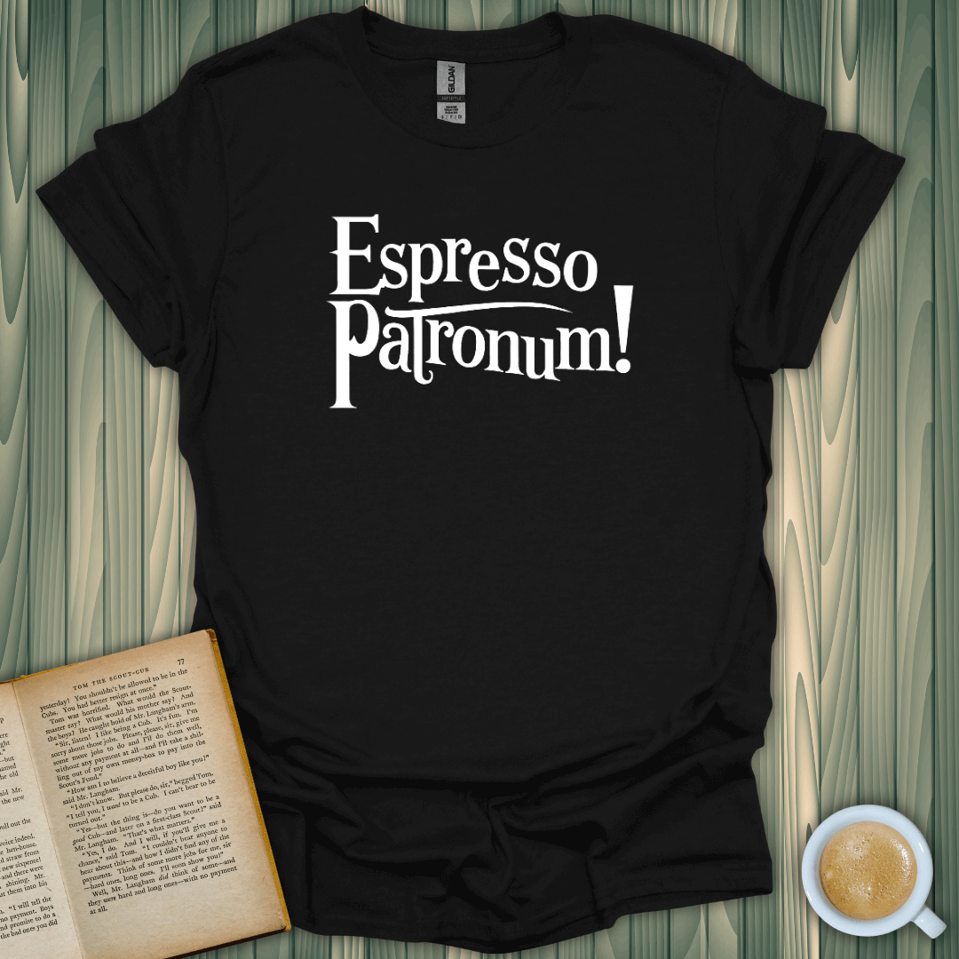 Espresso Patronum! T-Shirt for book lovers, made of 100% cotton. Stylish, comfy, and perfect for coffee enthusiasts!