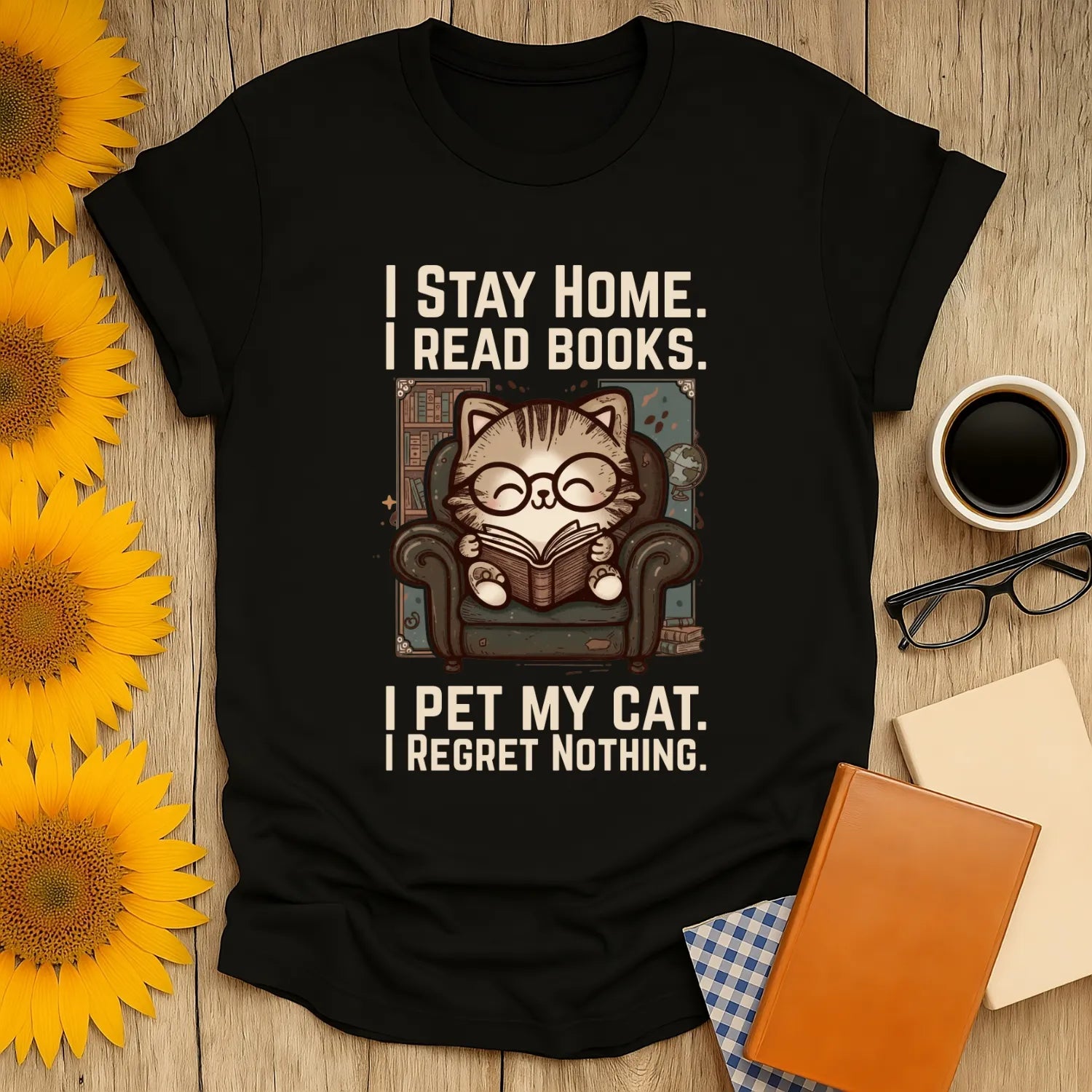 Library Cat Reader T-Shirt featuring a cozy cat in glasses reading on a chair, perfect for book and cat lovers.