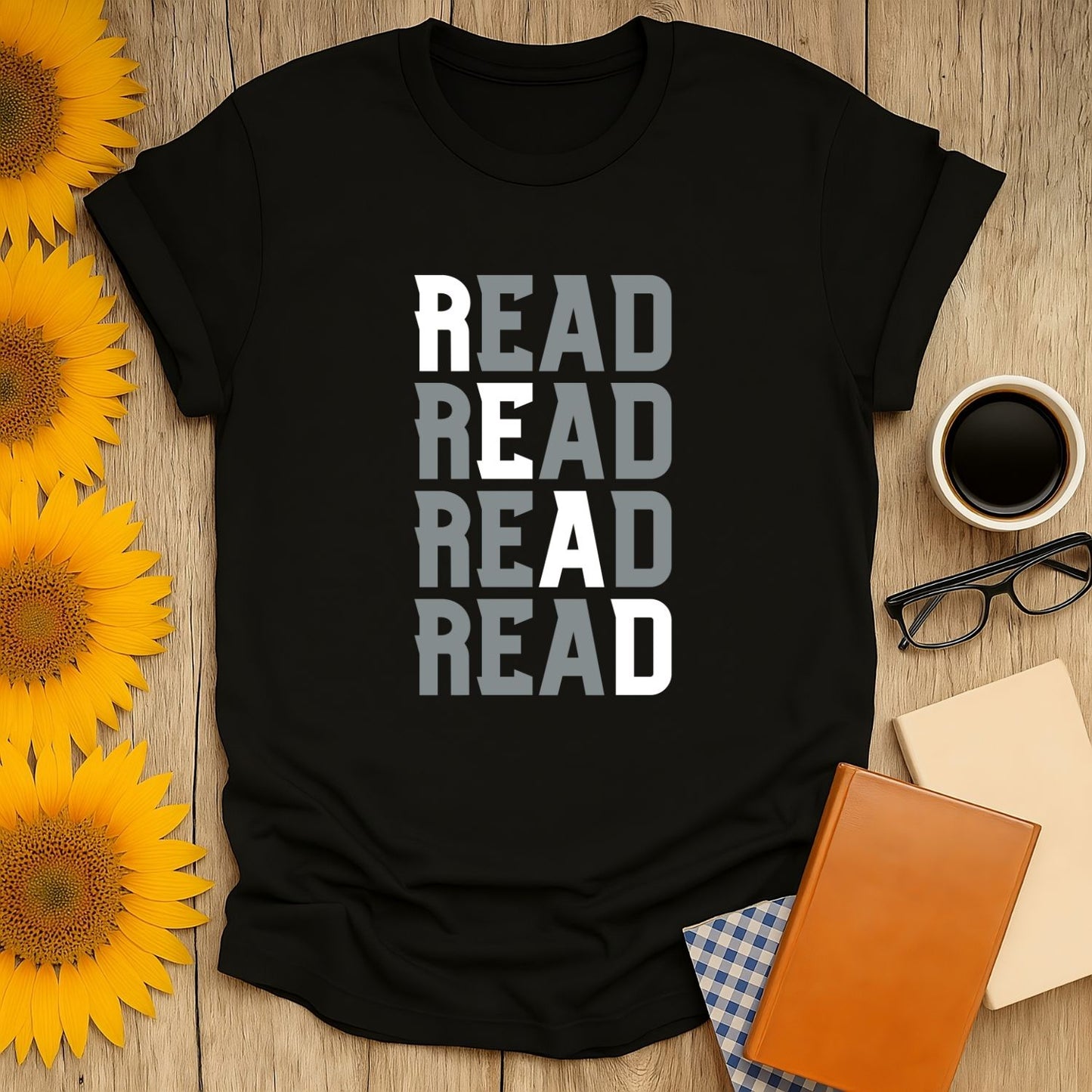 Read Repeat T-Shirt with bold 'READ' text, perfect gift for book lovers who adore coffee, cats, and cozy reads.
