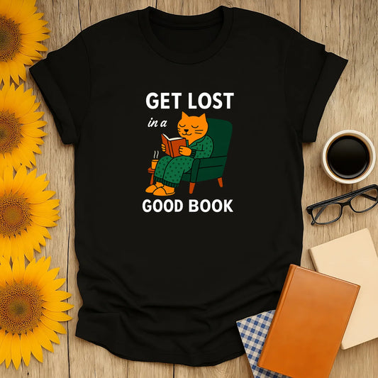 Cozy cat reading shirt featuring a cat in a chair, with text 'Get Lost in a Good Book', perfect gift for book lovers.
