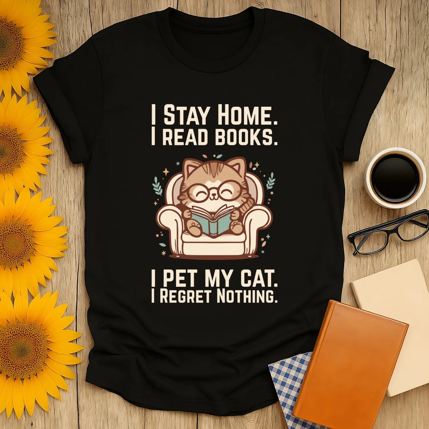 Homebody Cat Reader T-Shirt features a cute cat in glasses reading on a couch, with witty text, perfect for book lovers.