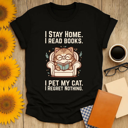 Homebody Cat Reader T-Shirt features a cute cat in glasses reading on a couch, with witty text, perfect for book lovers.