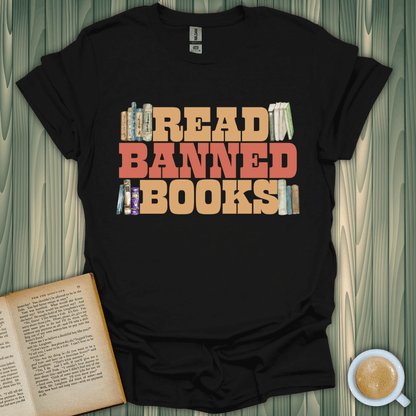 Read Banned Books T-Shirt in black, a perfect book lover t-shirt with a premium screen-printed design.