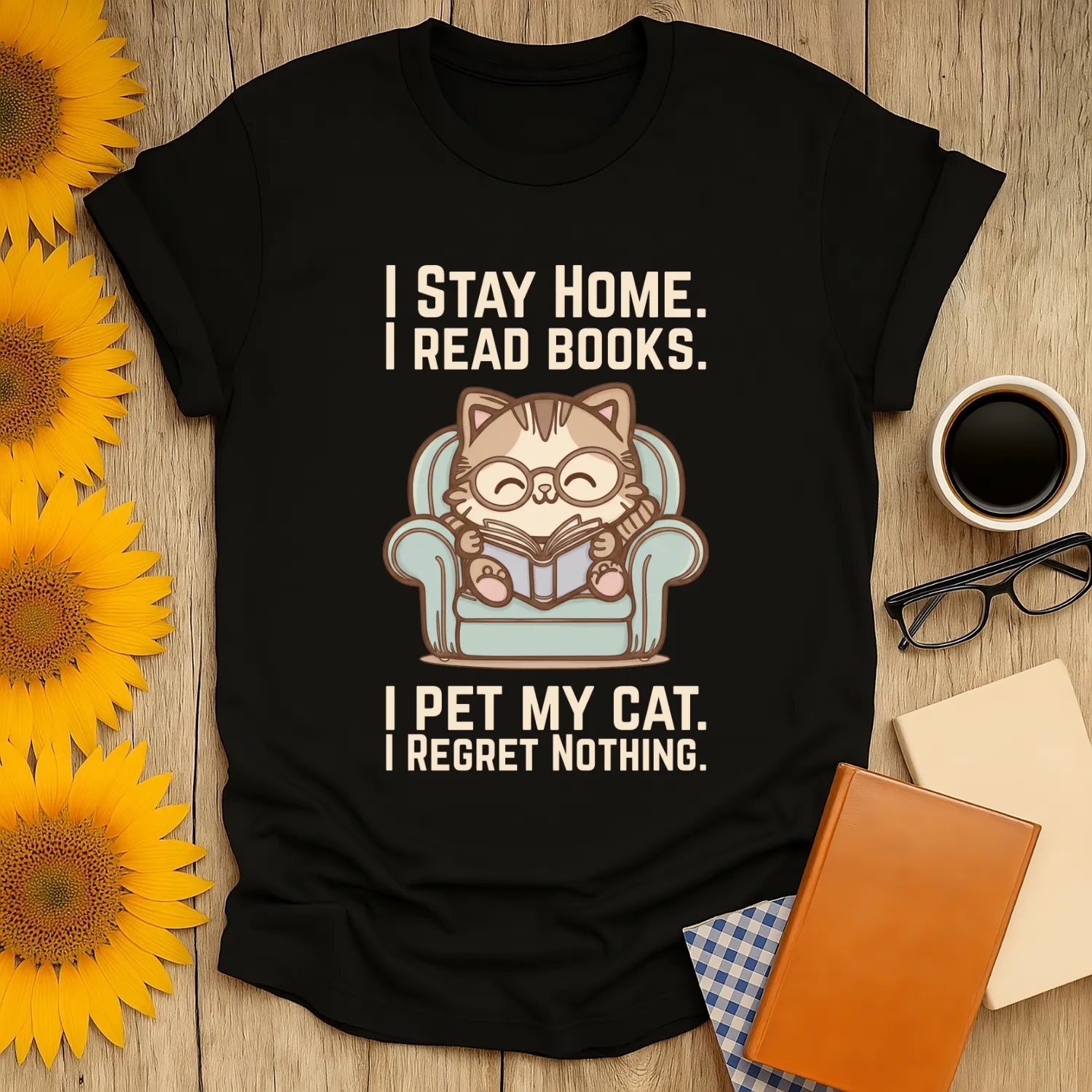 Comfy Cat Reader T-Shirt with a cute cat in glasses, text: 'I Stay Home. I Read Books. I Pet My Cat. I Regret Nothing.' Perfect for cat lovers and bookworms.