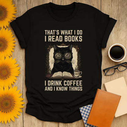 Coffee Cat Reader T-Shirt featuring a black cat in glasses with text: I read books, I drink coffee, and I know things.
