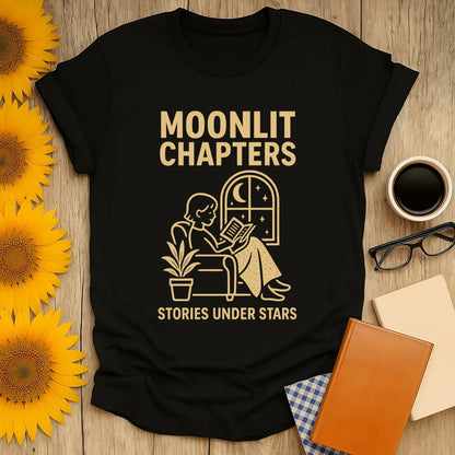 Moonlit Chapters tee with a reader by a window under stars; a cozy shirt perfect for book lovers who adore cats, coffee, and tea.
