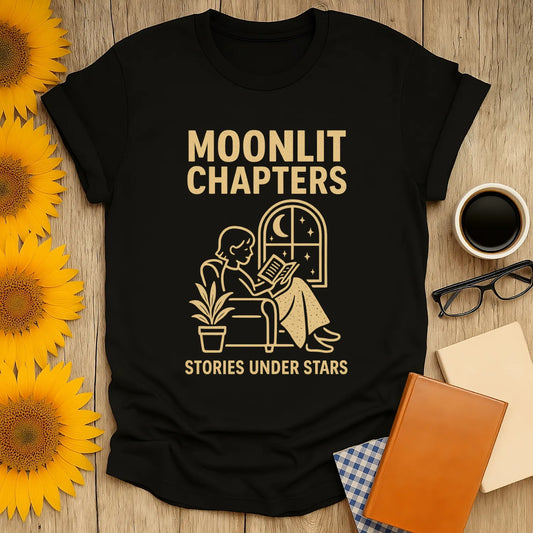 Moonlit Chapters tee with a reader by a window under stars; a cozy shirt perfect for book lovers who adore cats, coffee, and tea.