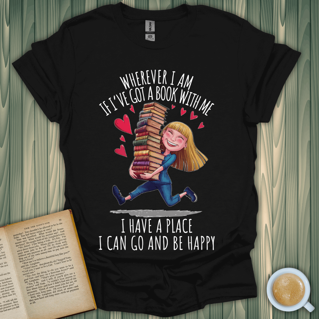 Books Are My Happy Place T-Shirt featuring a joyful girl carrying stacked books, perfect for book lovers.