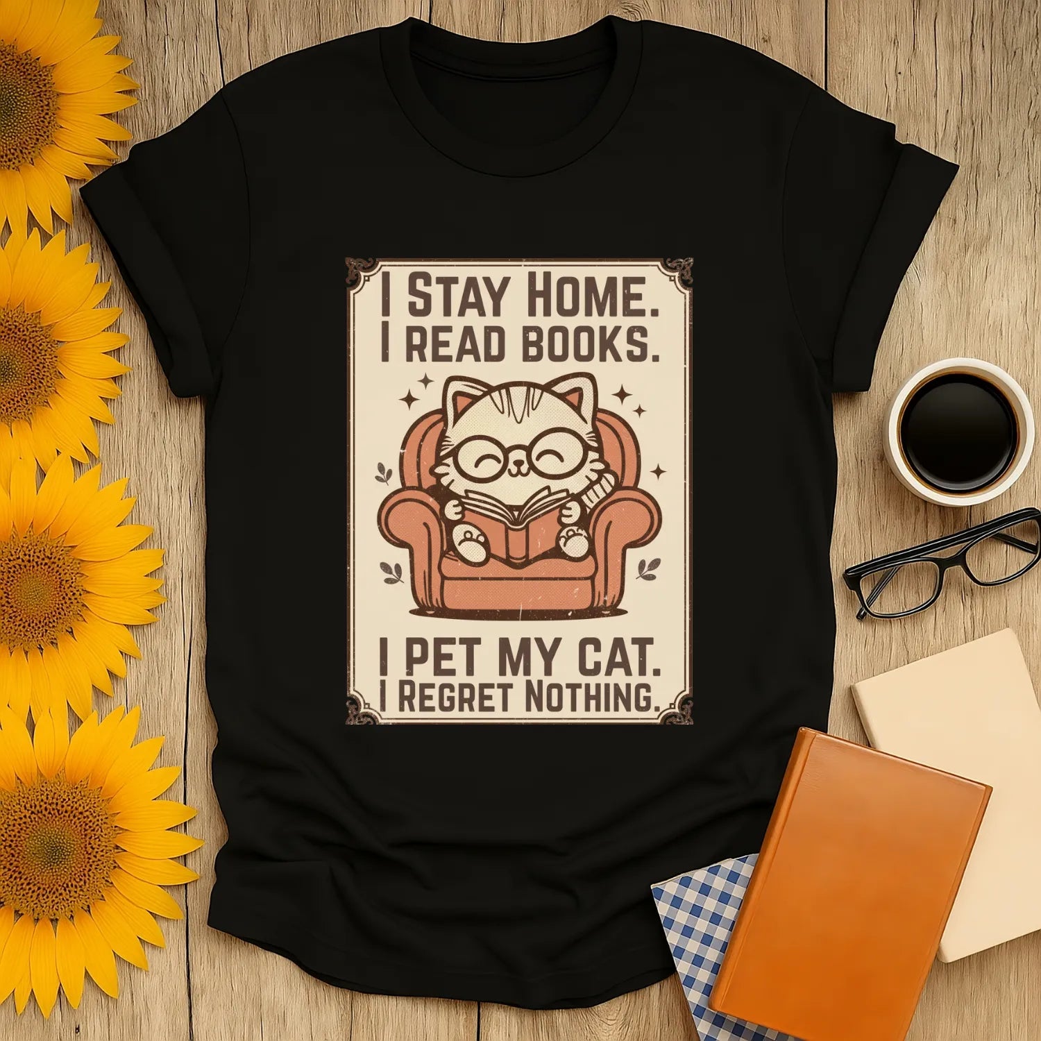 Cozy Poster Cat Reader T-Shirt features a cat reading books while highlighted text says "I Stay Home. I Read Books. I Pet My Cat. Regret Nothing."