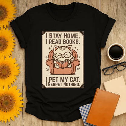 Cozy Poster Cat Reader T-Shirt features a cat reading books while highlighted text says "I Stay Home. I Read Books. I Pet My Cat. Regret Nothing."