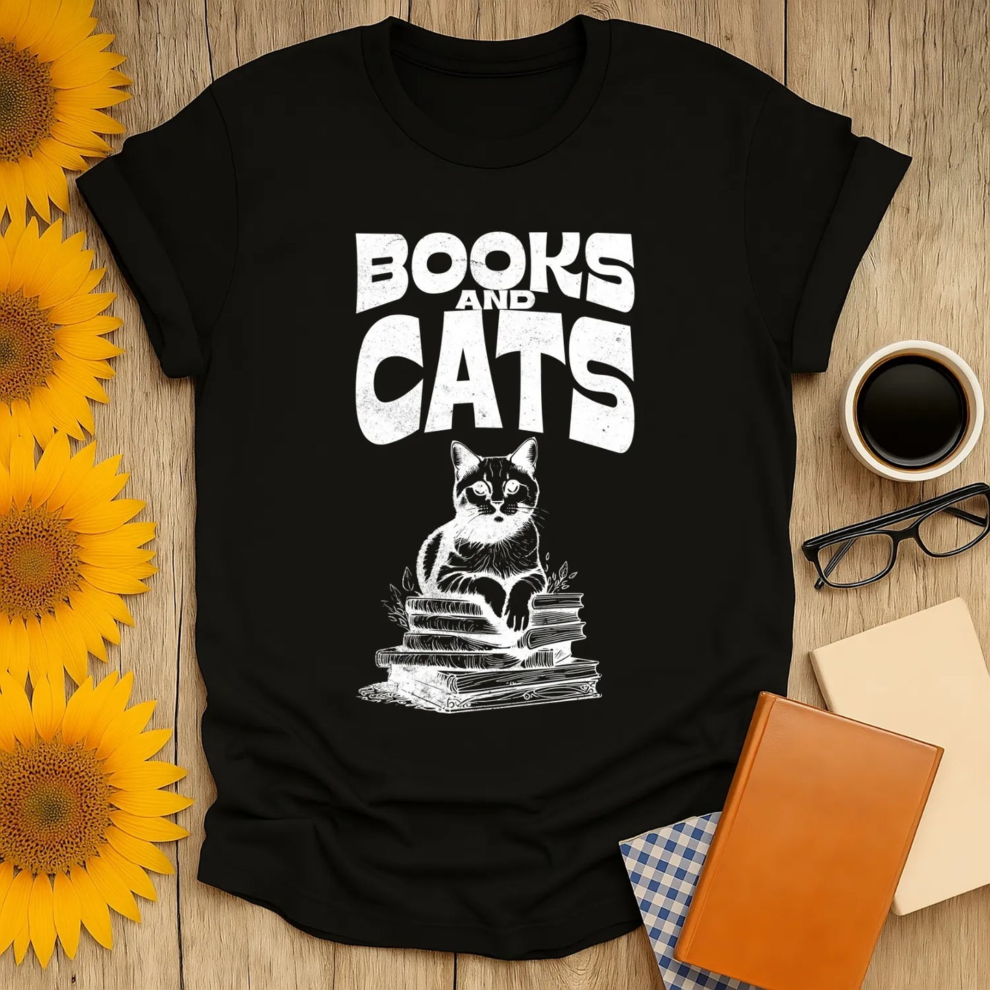 Books & Cats Club T-Shirt featuring a cute cat on book stacks, perfect for book lovers and cozy days with coffee or tea.