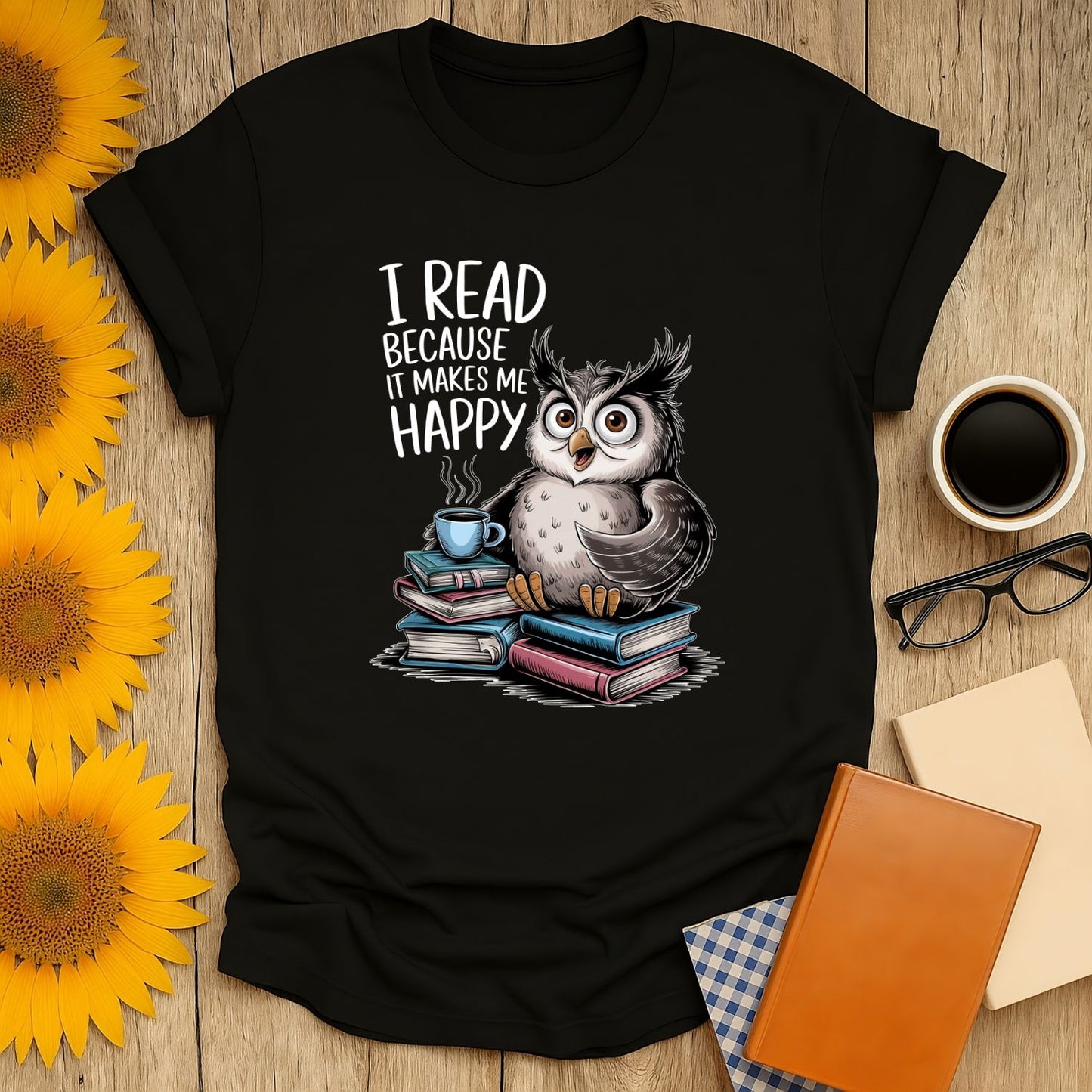 Happy Reader T-Shirt featuring an owl and books, perfect for book lovers, made of 100% cotton.