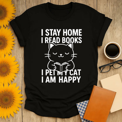 Funny book lover shirt with a happy cat illustration and text: 'I stay home, I read books, I pet my cat, I am happy'.