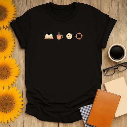 Cozy black book lover shirt featuring an open book, coffee cup, smiley face, and recycle symbol. Perfect gift for readers!