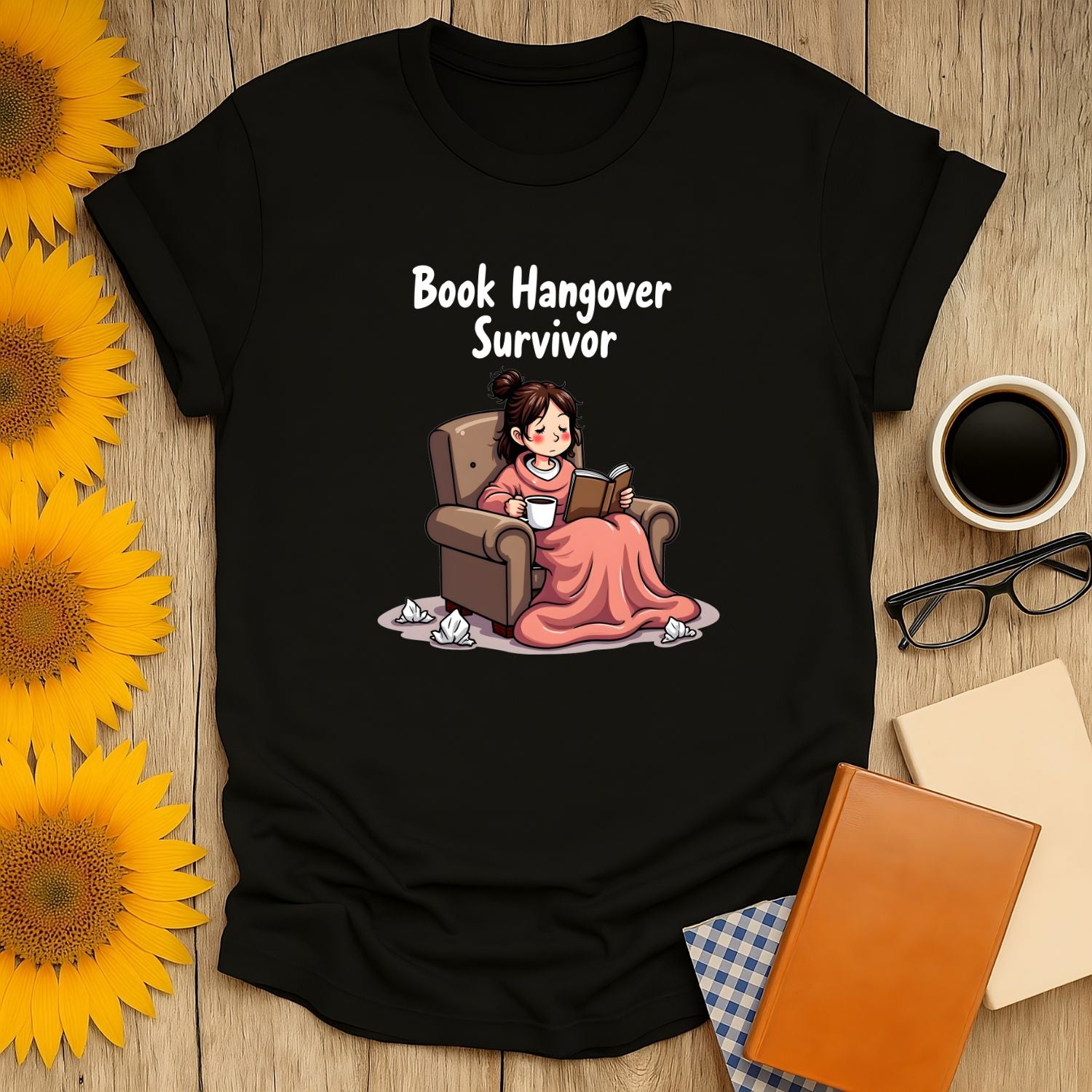 Book Hangover T-Shirt for book lovers, featuring a cute survivor graphic, made of 100% ring-spun cotton.