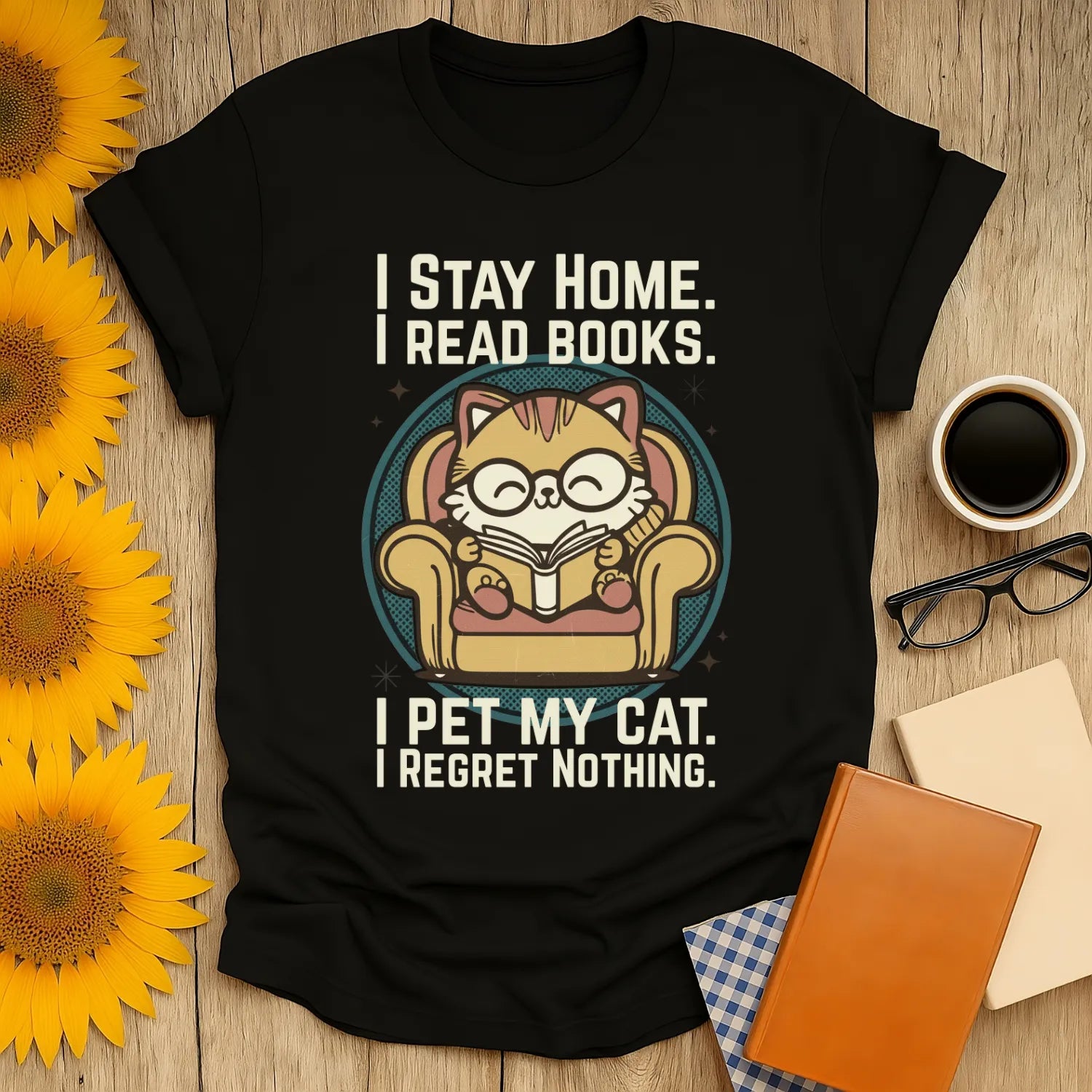Retro Cat Reader T-Shirt featuring a cozy cat in glasses, reading in a chair with a humorous reading slogan, perfect for book lovers.