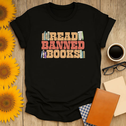 Read Banned Books T-Shirt in black, perfect for book lovers, featuring vibrant screen print design.