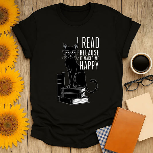 Happy Reading Kitty T-Shirt featuring a cat on books, perfect for book lovers. Made from soft, breathable cotton.