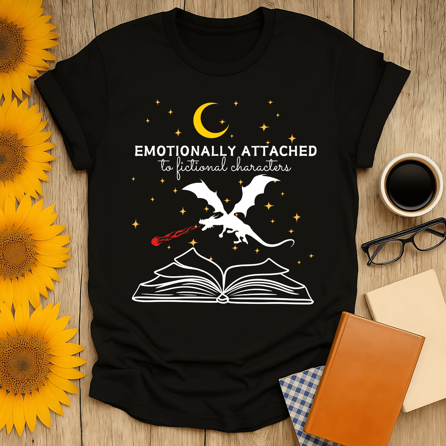 Emotional attachment t-shirt for book lovers, featuring a dragon and book design, perfect for fans of fictional characters.