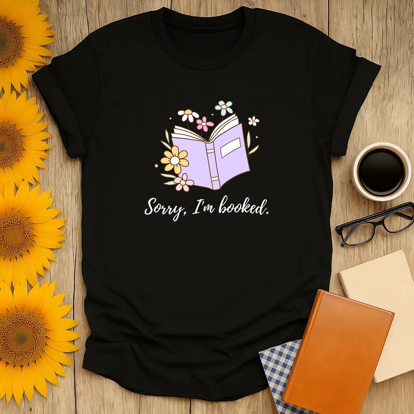 Sorry, I’m Booked T-Shirt with book and pastel flowers design, relaxed fit unisex shirt for book lovers and introverts 📖.